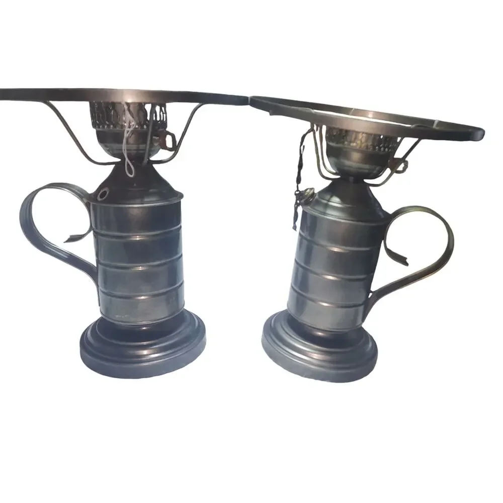 VINTAGE PEWTER COLOR EUC ELECTRIC LAMPS HURRICANE LAMPS SET OF 2 NO GLOBES